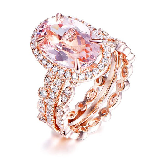 4ct Elongated Oval Morganite Ring Trio Bridal Set Art Deco Eternity VS-H Diamond Bands