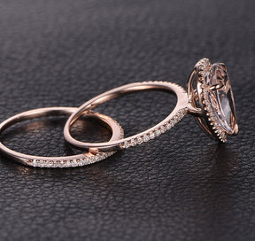 Elongated Pear Morganite Diamond Halo Bridal Set 14K Rose Gold - Lord of Gem Rings