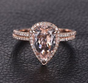 Elongated Pear Morganite Diamond Halo Bridal Set 14K Rose Gold - Lord of Gem Rings