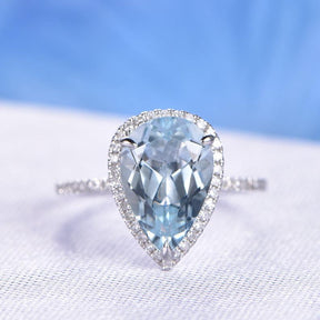 Elongated Pear Natural Aquamarine Halo Ring with Diamond Accents - Lord of Gem Rings