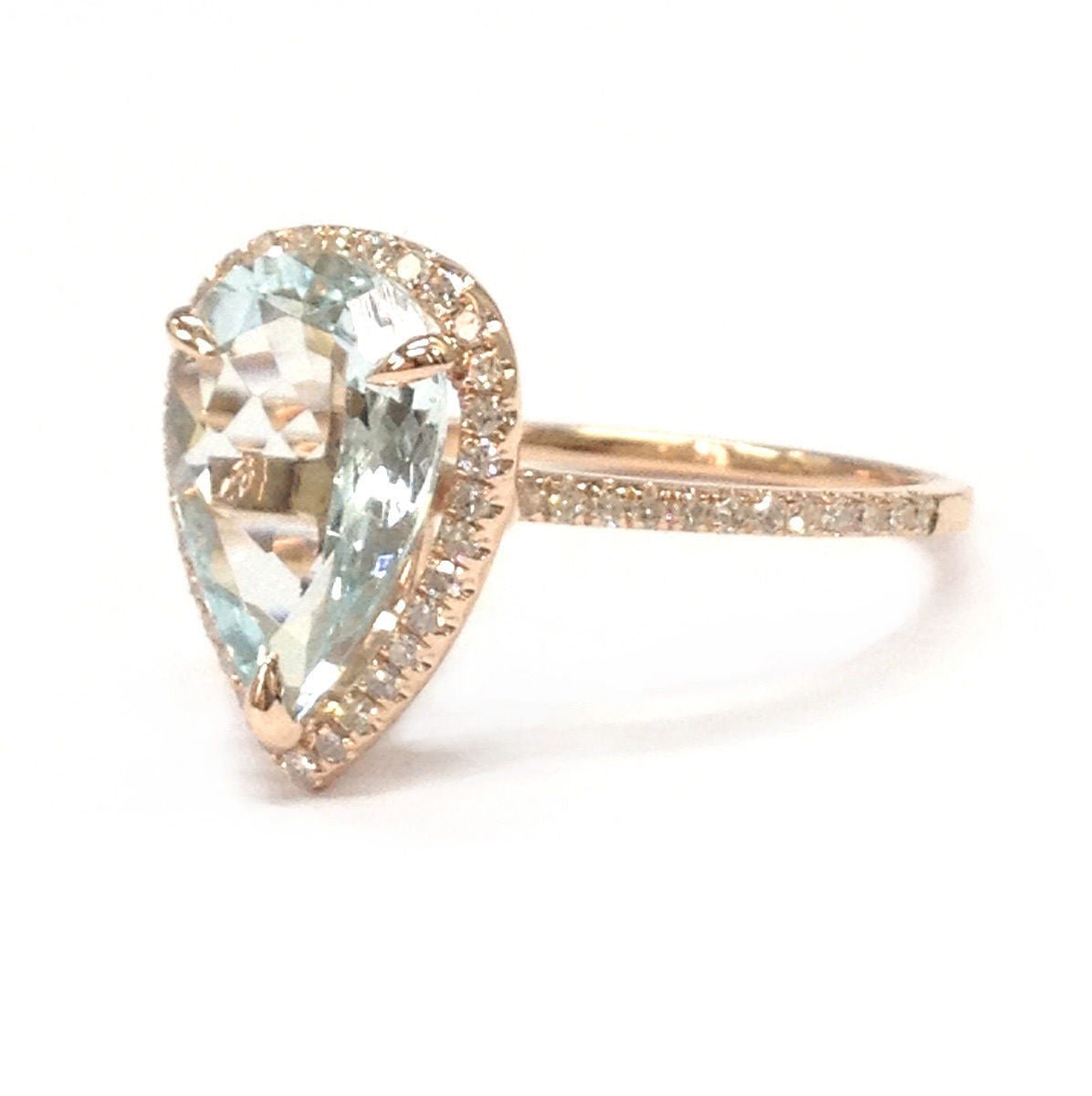 Elongated Pear Natural Aquamarine Halo Ring with Diamond Accents - Lord of Gem Rings