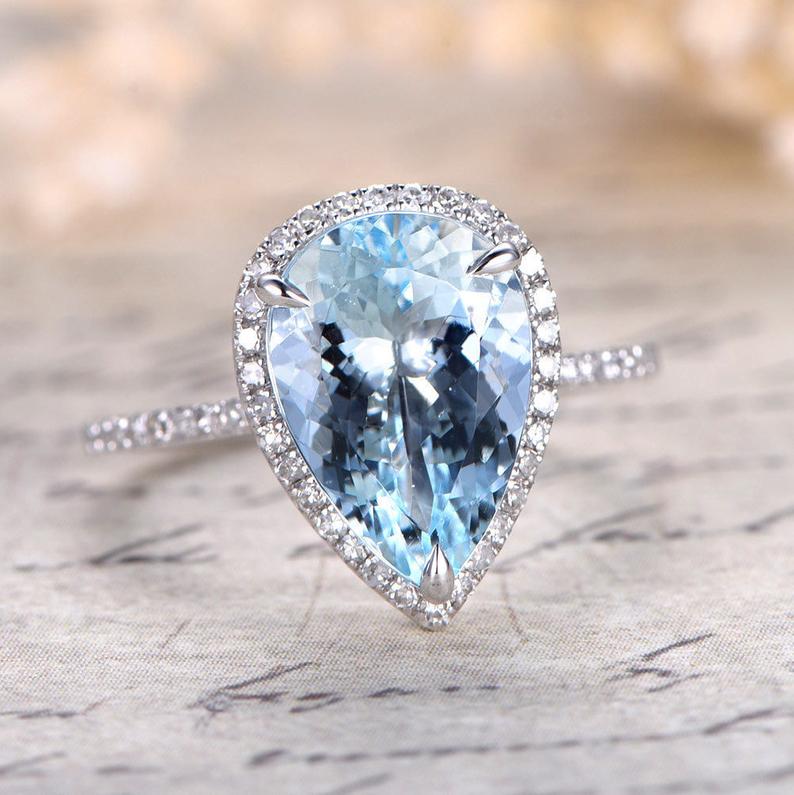 Elongated Pear Natural Aquamarine Halo Ring with Diamond Accents - Lord of Gem Rings