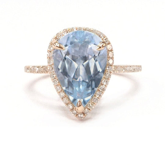 Elongated Pear Natural Aquamarine Halo Ring with Diamond Accents