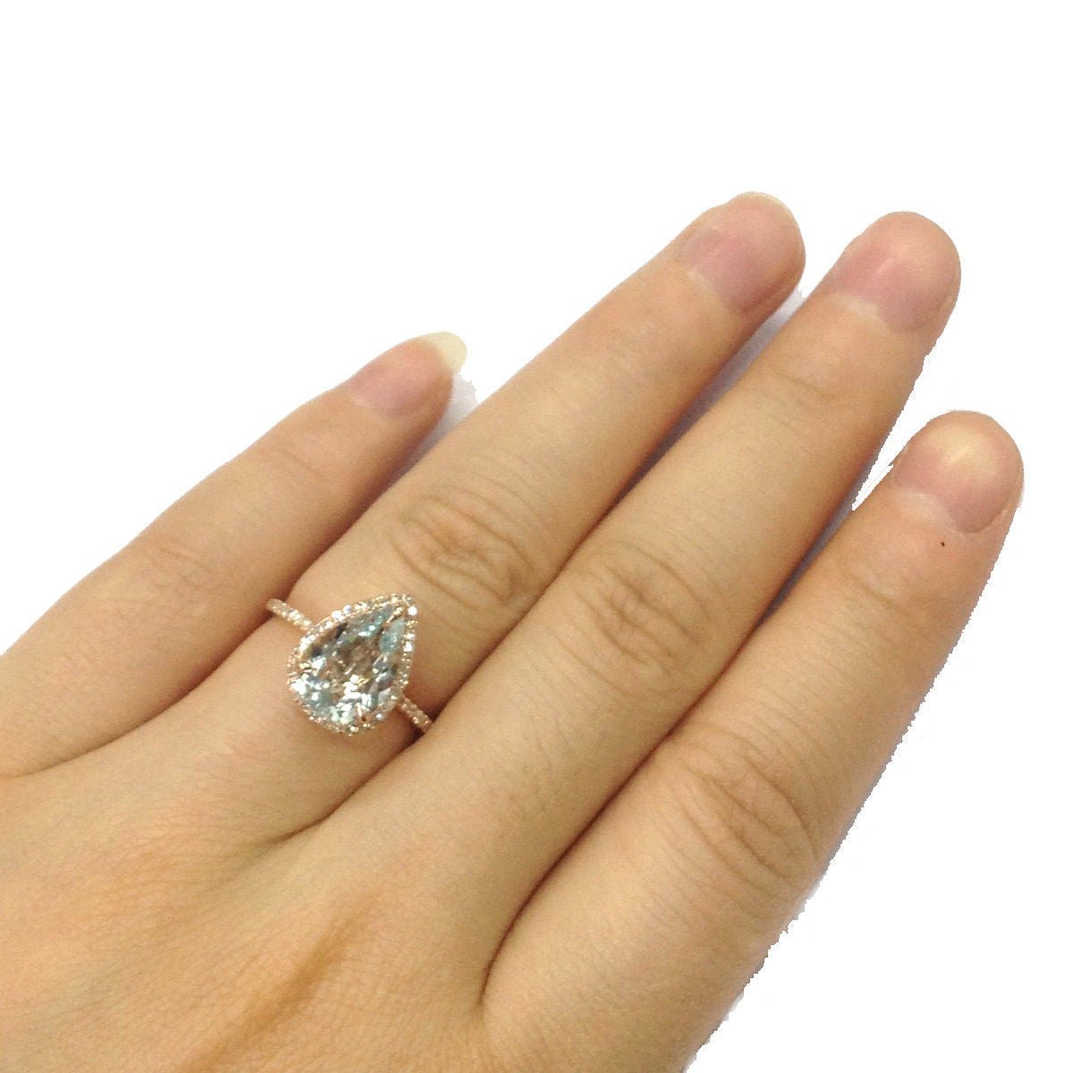 Elongated Pear Natural Aquamarine Halo Ring with Diamond Accents - Lord of Gem Rings