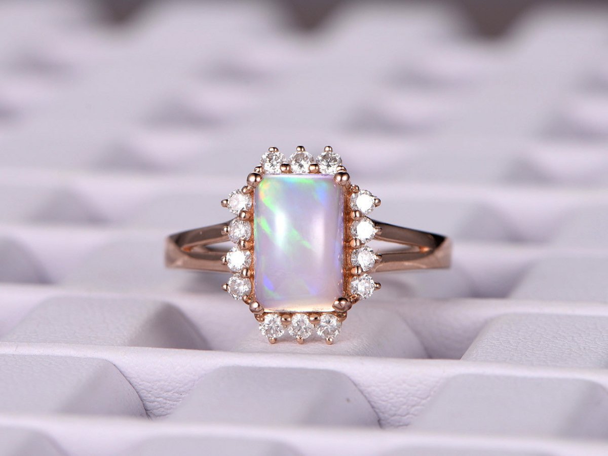 Emerald Cut Africa Opal Diamond Engagement Ring 14K Rose Gold - Lord of Gem Rings