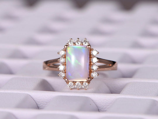 Emerald Cut Africa Opal Diamond Engagement Ring 14K Rose Gold