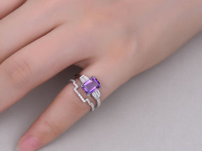 Emerald Cut Amethyst Baguette Diamond Contour Band Bridal Set - Lord of Gem Rings