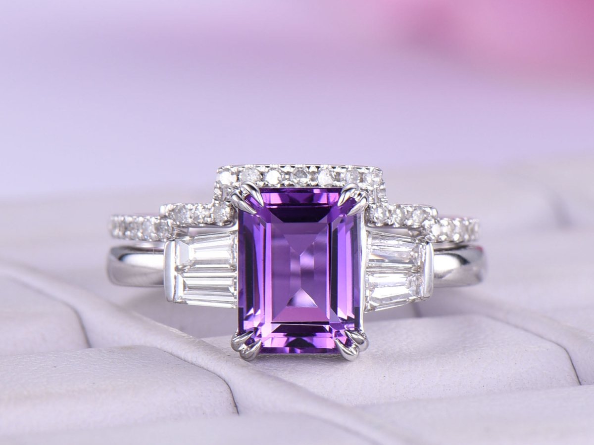 Emerald Cut Amethyst Baguette Diamond Contour Band Bridal Set - Lord of Gem Rings