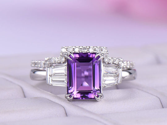 Emerald Cut Amethyst Baguette Diamond Contour Band Bridal Set