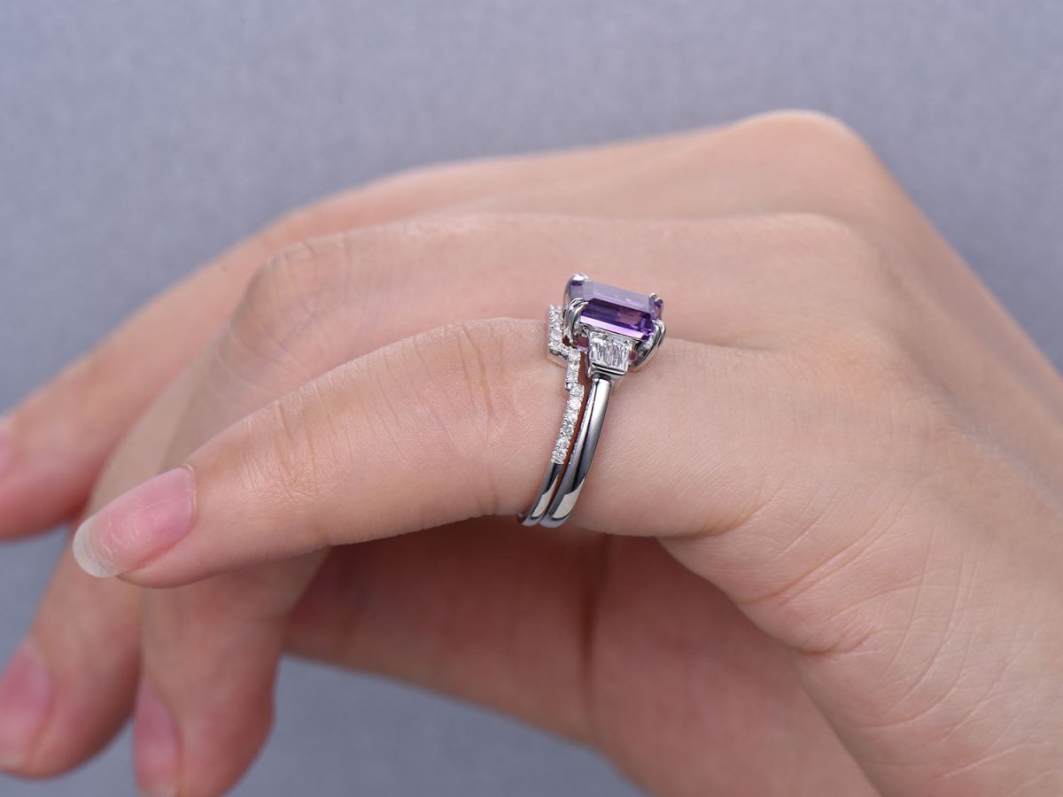 Emerald Cut Amethyst Baguette Diamond Contour Band Bridal Set - Lord of Gem Rings