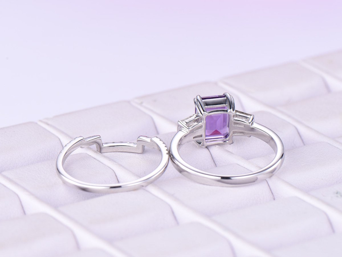 Emerald Cut Amethyst Baguette Diamond Contour Band Bridal Set - Lord of Gem Rings