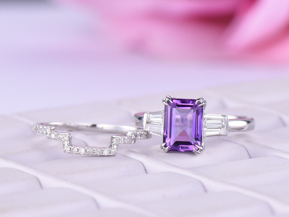 Emerald Cut Amethyst Baguette Diamond Contour Band Bridal Set - Lord of Gem Rings