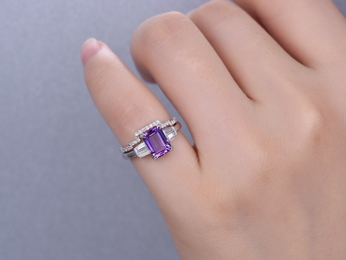 Emerald Cut Amethyst Baguette Diamond Contour Band Bridal Set - Lord of Gem Rings