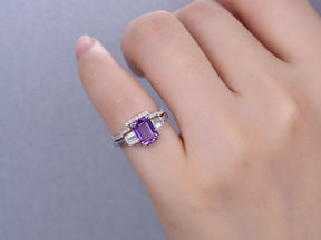 Emerald Cut Amethyst Baguette Diamond Contour Band Bridal Set - Lord of Gem Rings