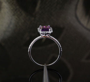 Emerald Cut Amethyst Halo Ring Diamond Acdents 14K White Gold - Lord of Gem Rings