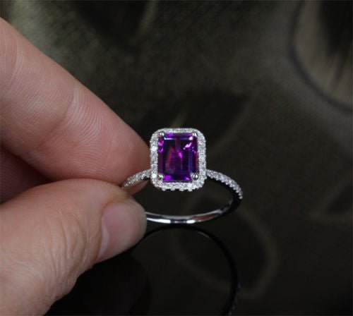 Emerald Cut Amethyst Halo Ring Diamond Acdents 14K White Gold - Lord of Gem Rings