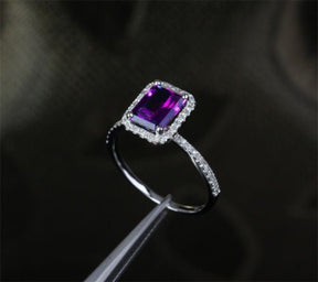 Emerald Cut Amethyst Halo Ring Diamond Acdents 14K White Gold - Lord of Gem Rings