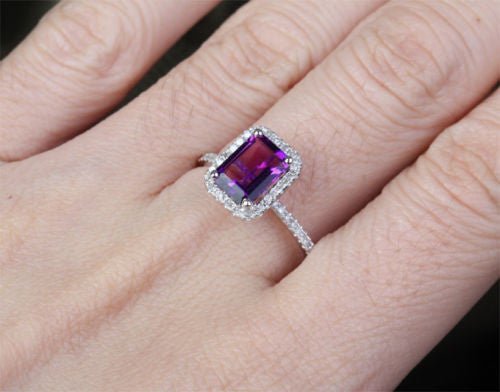 Emerald Cut Amethyst Halo Ring Diamond Acdents 14K White Gold - Lord of Gem Rings