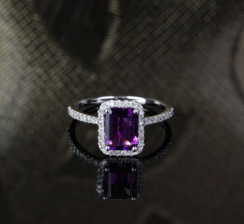 Emerald Cut Amethyst Halo Ring Diamond Acdents 14K White Gold - Lord of Gem Rings