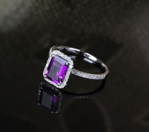 Emerald Cut Amethyst Halo Ring Diamond Acdents 14K White Gold - Lord of Gem Rings