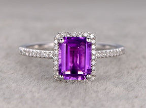 Emerald Cut Amethyst Halo Ring Diamond Acdents 14K White Gold - Lord of Gem Rings