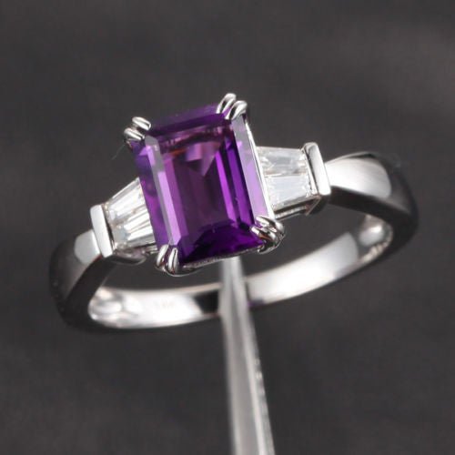 Emerald Cut Amethyst Ring Baguette Diamond Shank 14K White Gold - Lord of Gem Rings