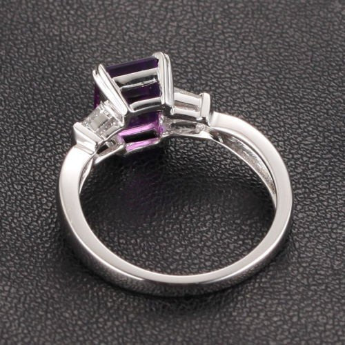 Emerald Cut Amethyst Ring Baguette Diamond Shank 14K White Gold - Lord of Gem Rings