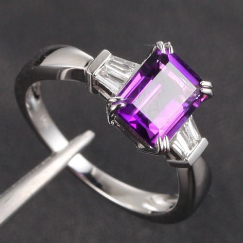 Emerald Cut Amethyst Ring Baguette Diamond Shank 14K White Gold