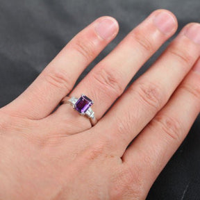 Emerald Cut Amethyst Ring Baguette Diamond Shank 14K White Gold - Lord of Gem Rings