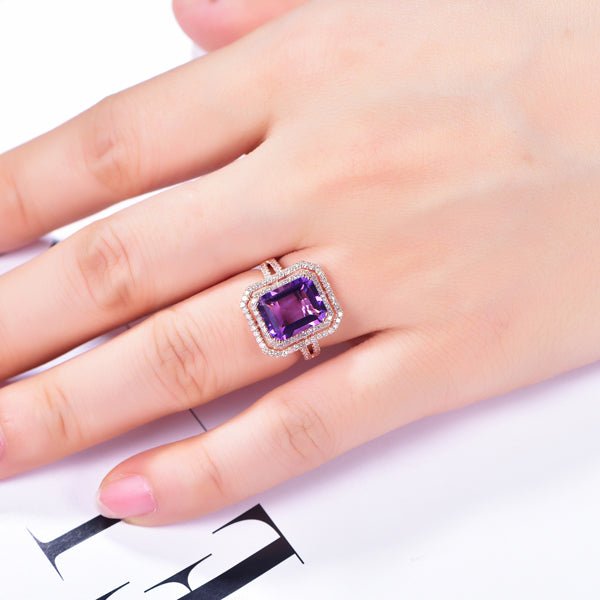 Emerald Cut Amethyst Ring Diamond Double Halo Split Shank - Lord of Gem Rings