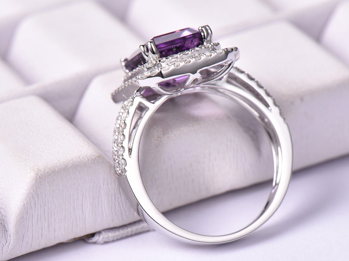 Emerald Cut Amethyst Ring Diamond Double Halo Split Shank - Lord of Gem Rings