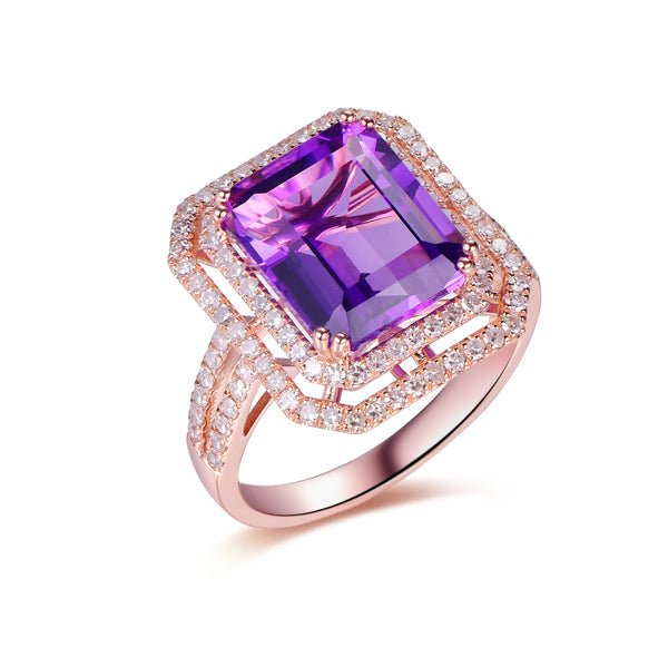 Emerald Cut Amethyst Ring Diamond Double Halo Split Shank - Lord of Gem Rings