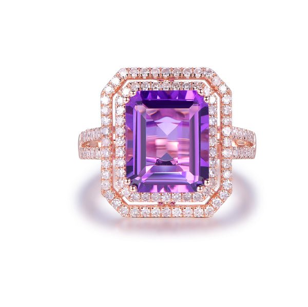 Emerald Cut Amethyst Ring Diamond Double Halo Split Shank - Lord of Gem Rings