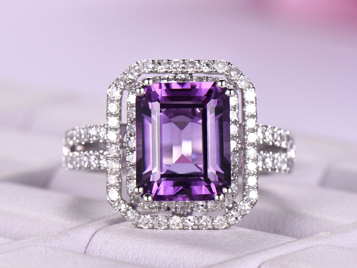 Emerald Cut Amethyst Ring Diamond Double Halo Split Shank - Lord of Gem Rings