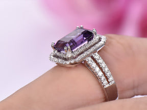 Emerald Cut Amethyst Ring Diamond Double Halo Split Shank - Lord of Gem Rings