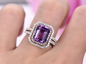 Emerald Cut Amethyst Ring Diamond Double Halo Split Shank - Lord of Gem Rings