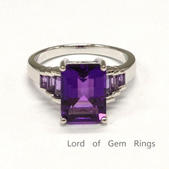 Emerald Cut Amethyst with Bagutte Amethyst Accent 14K White Gold