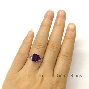 Emerald Cut Amethyst with Bagutte Amethyst Accent 14K White Gold - Lord of Gem Rings