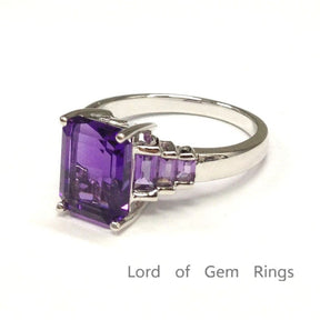 Emerald Cut Amethyst with Bagutte Amethyst Accent 14K White Gold - Lord of Gem Rings