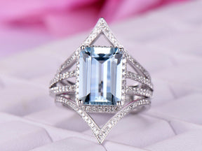 Emerald Cut Aquamarine Diamond Chevron Passionate Love Bridal Set - Lord of Gem Rings