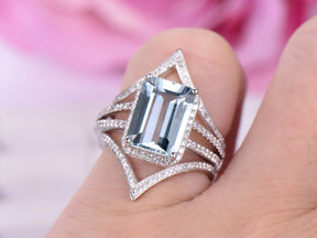 Emerald Cut Aquamarine Diamond Chevron Passionate Love Bridal Set - Lord of Gem Rings