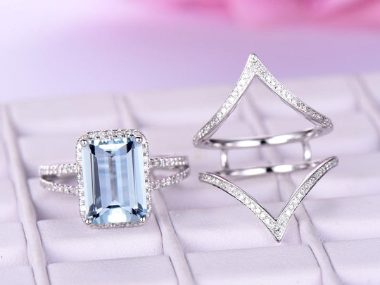 Emerald Cut Aquamarine Diamond Chevron Passionate Love Bridal Set