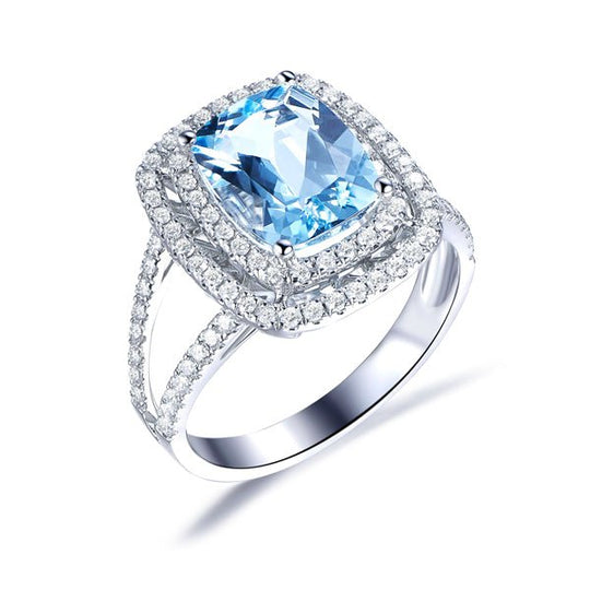 Emerald Cut Aquamarine Diamond Double Halo Split Shank Ring