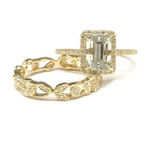 Emerald Cut Aquamarine Diamond Floral Band Bridal Set 14K Yellow Gold - Lord of Gem Rings