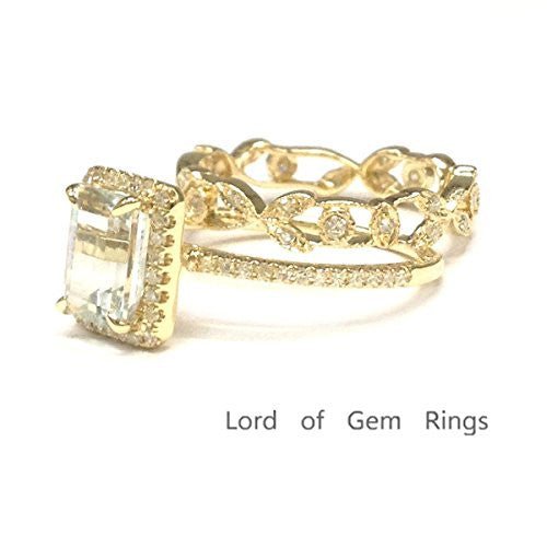 Emerald Cut Aquamarine Diamond Floral Band Bridal Set 14K Yellow Gold - Lord of Gem Rings