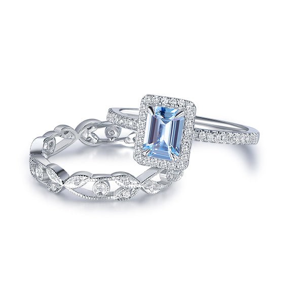 Emerald Cut Aquamarine Diamond Floral Band Bridal Set 14K Yellow Gold - Lord of Gem Rings