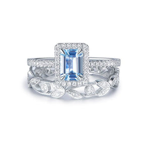 Emerald Cut Aquamarine Diamond Floral Band Bridal Set 14K Yellow Gold - Lord of Gem Rings