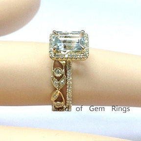Emerald Cut Aquamarine Diamond Floral Band Bridal Set 14K Yellow Gold - Lord of Gem Rings