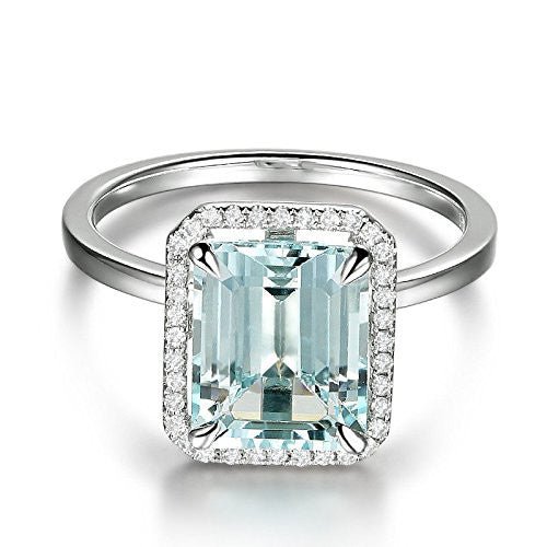 Emerald Cut Aquamarine Diamond Halo Engagement Ring 14K White Gold