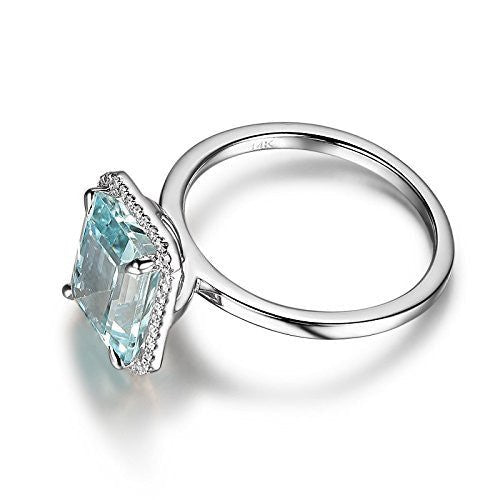 Emerald Cut Aquamarine Diamond Halo Engagement Ring 14K White Gold - Lord of Gem Rings